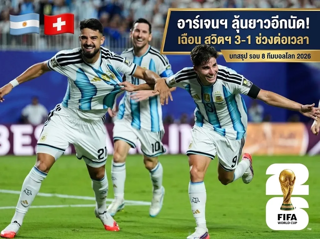 ผลบอลโลก 2026 ล่าสุดเมื่อคืน ฟ้าขาวต่อเวลาดับสวิส 10 คน 3-1 ลิ่วป้องกันแชมป์